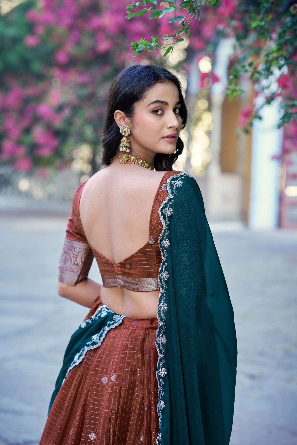 Rust Brown Chinon Checks Langa Davani Set with Emerald Dupatta
