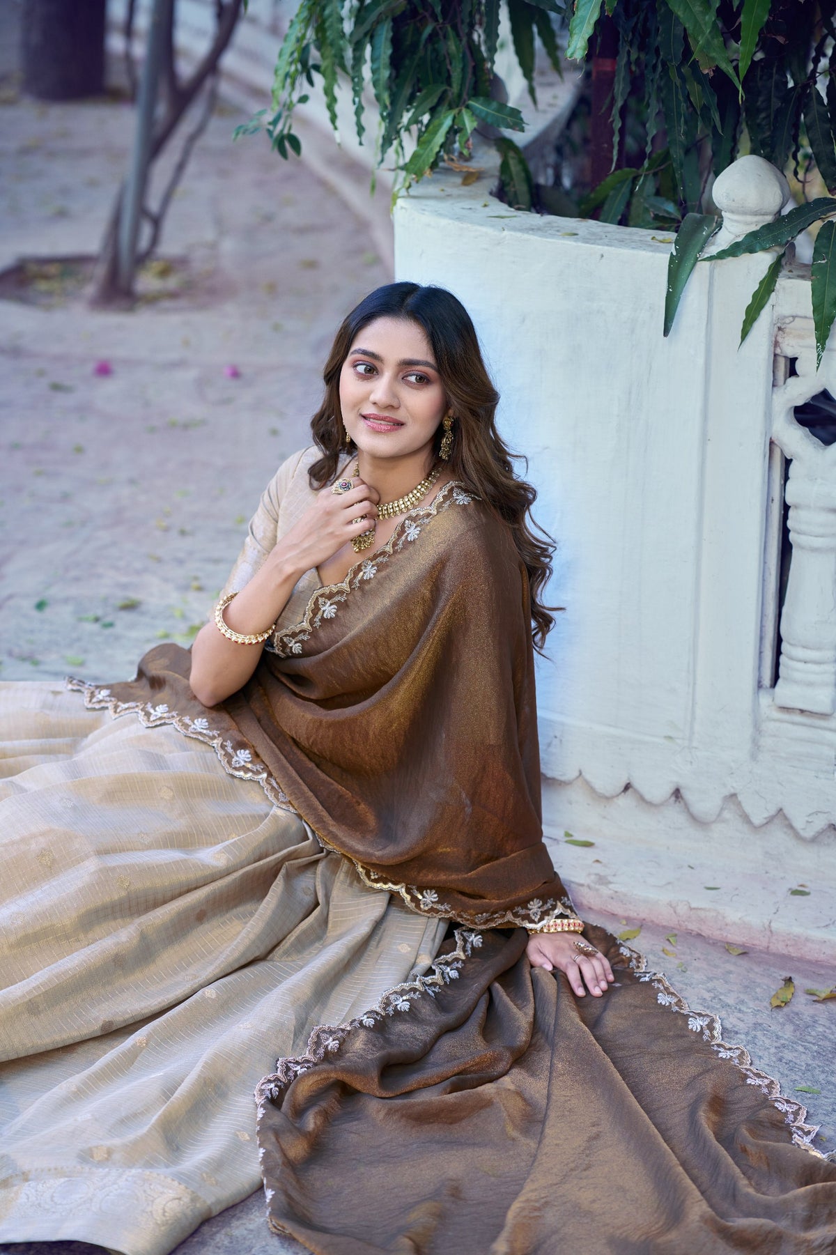 Beige Chinon Checks Langa Davani Set with Emerald Dupatta