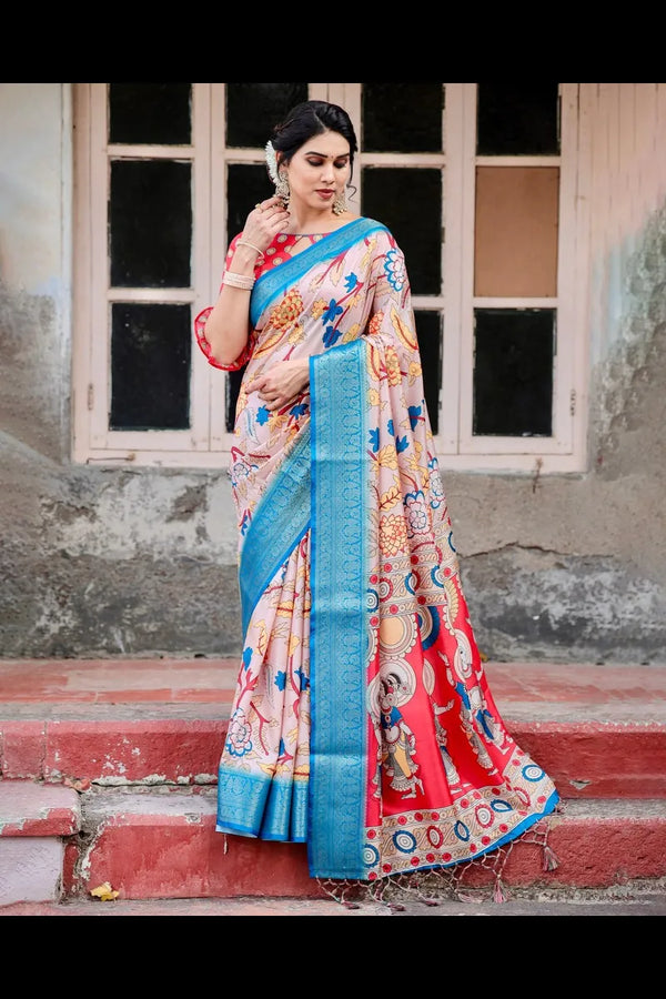 Silk Digital Printed Saree with Brocade Blouse & Tassels