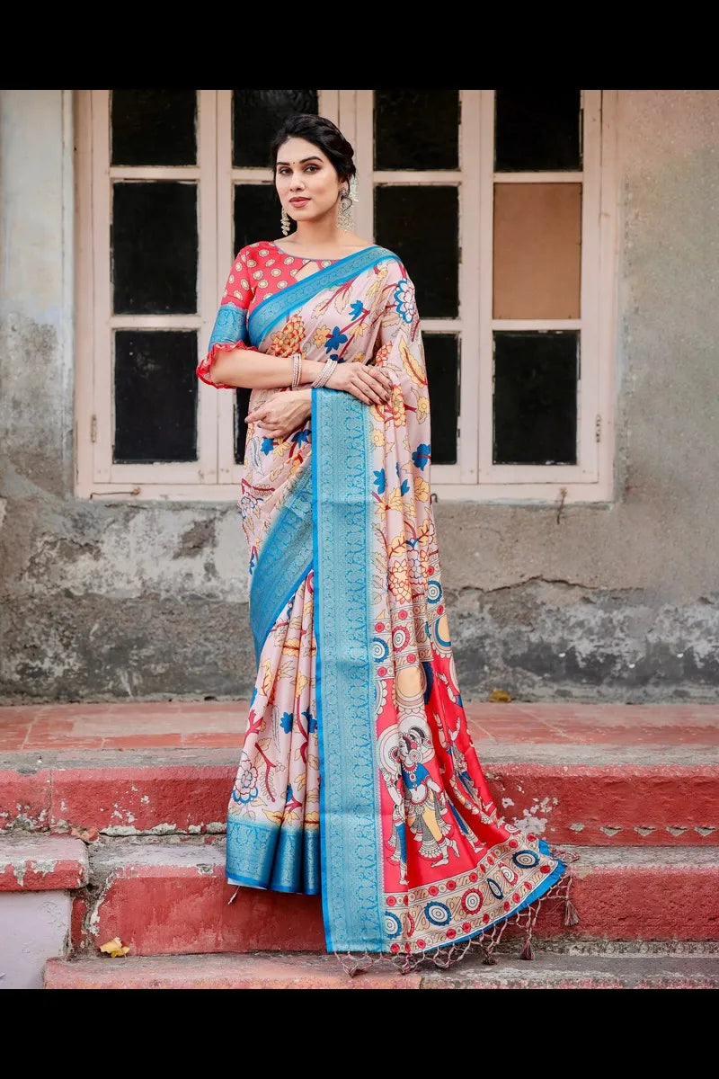 Silk Digital Printed Saree with Brocade Blouse & Tassels