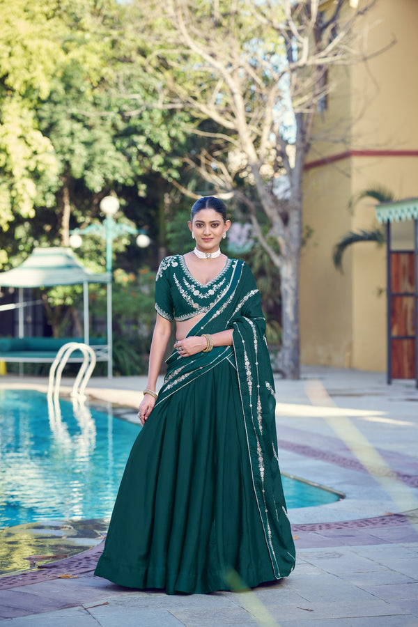 Dark Green Embroidered Rangoli Crush Lehenga Choli Set