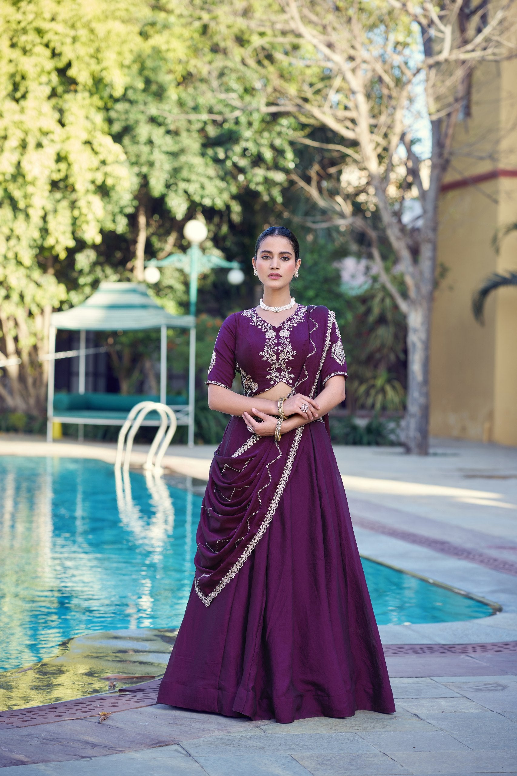 Dark Purple Embroidered Rangoli Crush Lehenga Choli Set