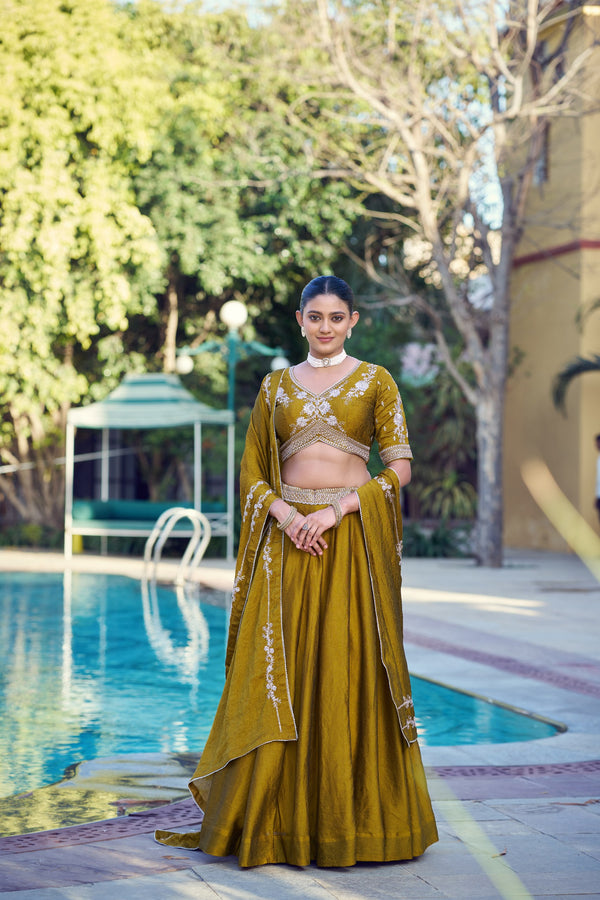 Mustard Gold Embroidered Rangoli Crush Lehenga Choli Set