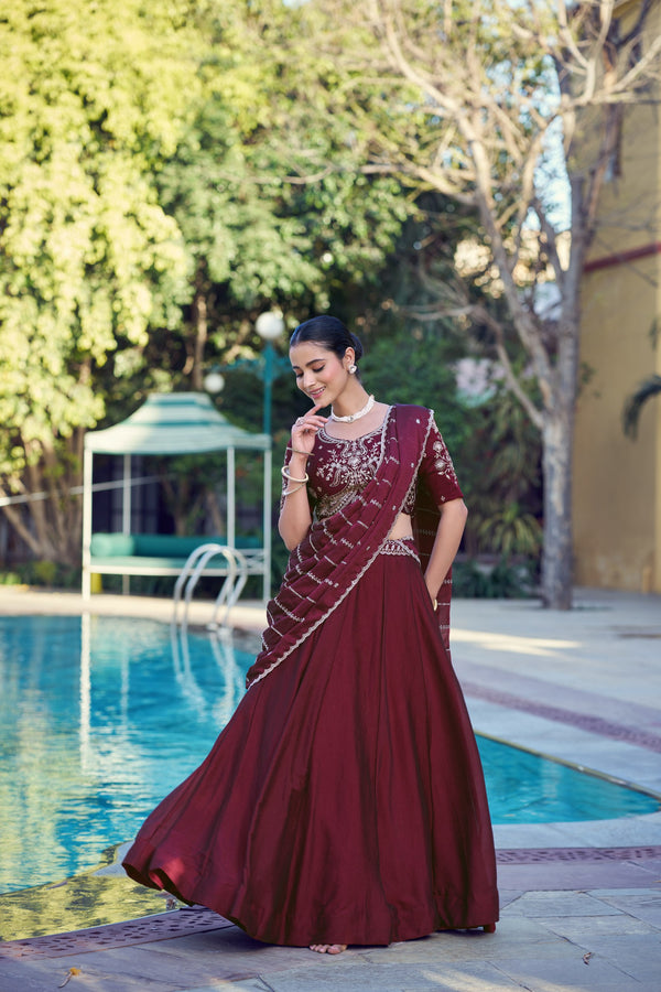 Maroon Embroidered Rangoli Crush Lehenga Choli Set