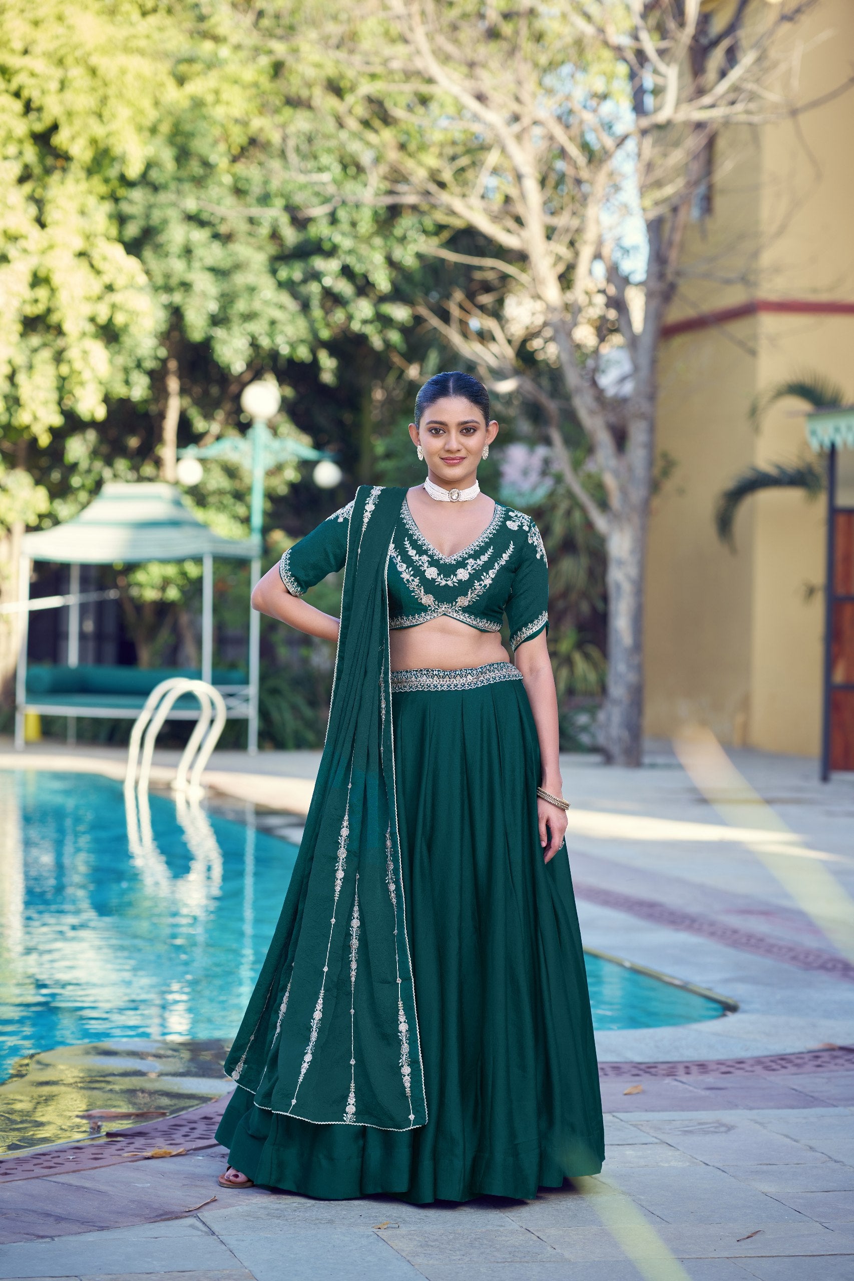 Dark Green Embroidered Rangoli Crush Lehenga Choli Set