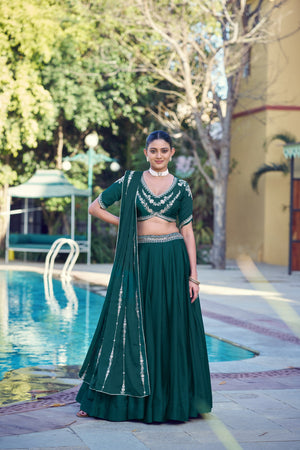 Dark Green Embroidered Rangoli Crush Lehenga Choli Set
