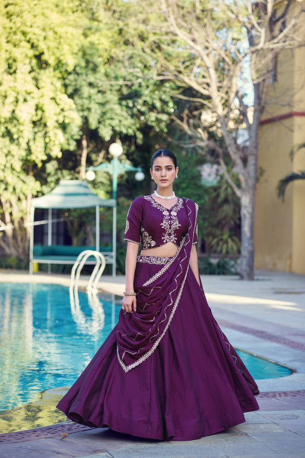 Dark Purple Embroidered Rangoli Crush Lehenga Choli Set