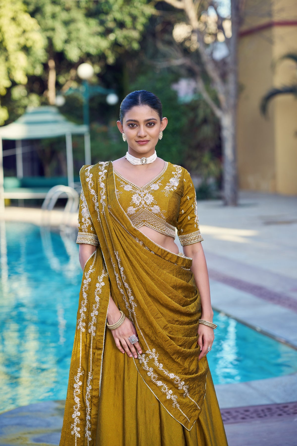 Mustard Gold Embroidered Rangoli Crush Lehenga Choli Set