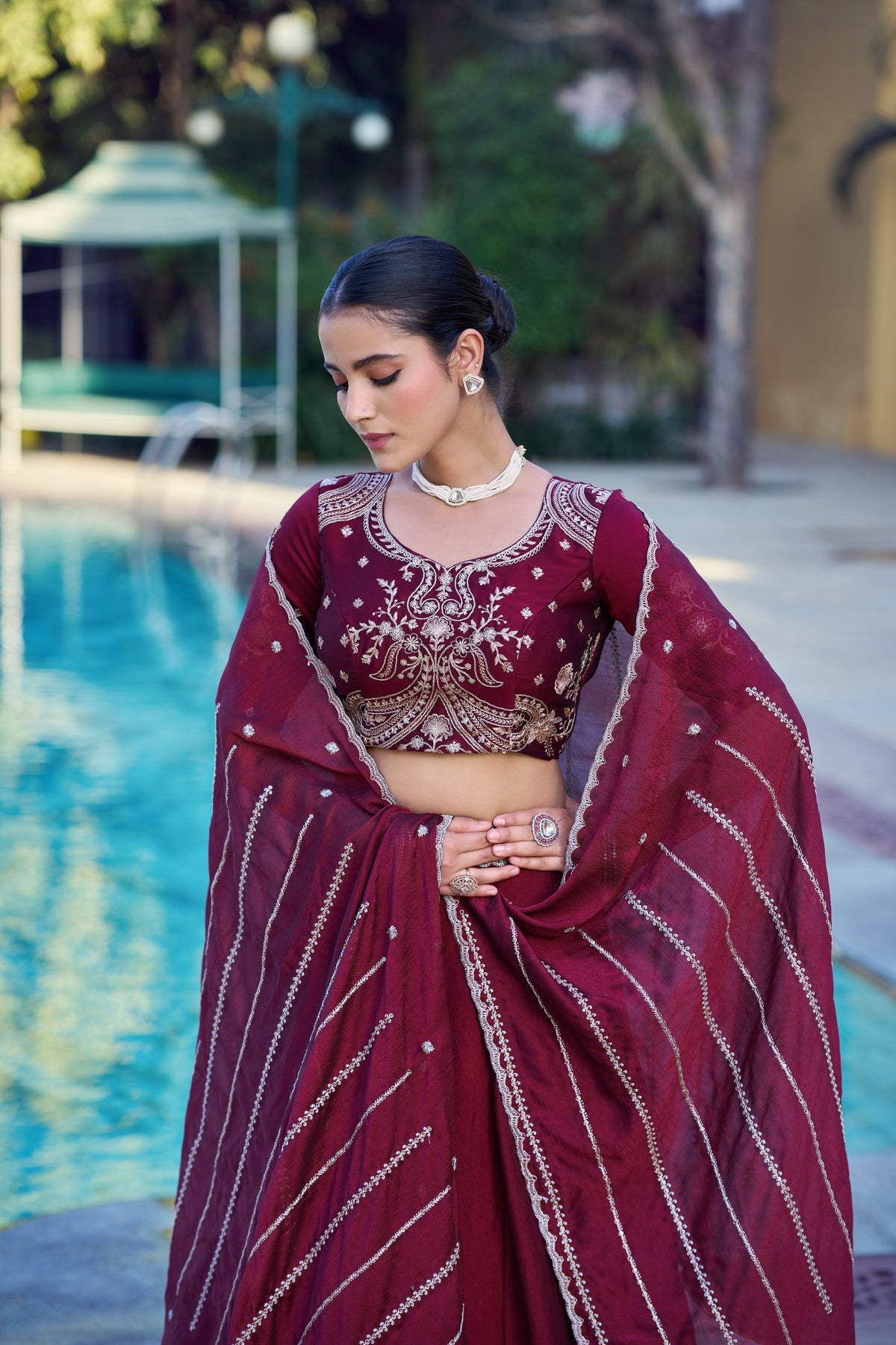 Maroon Embroidered Rangoli Crush Lehenga Choli Set