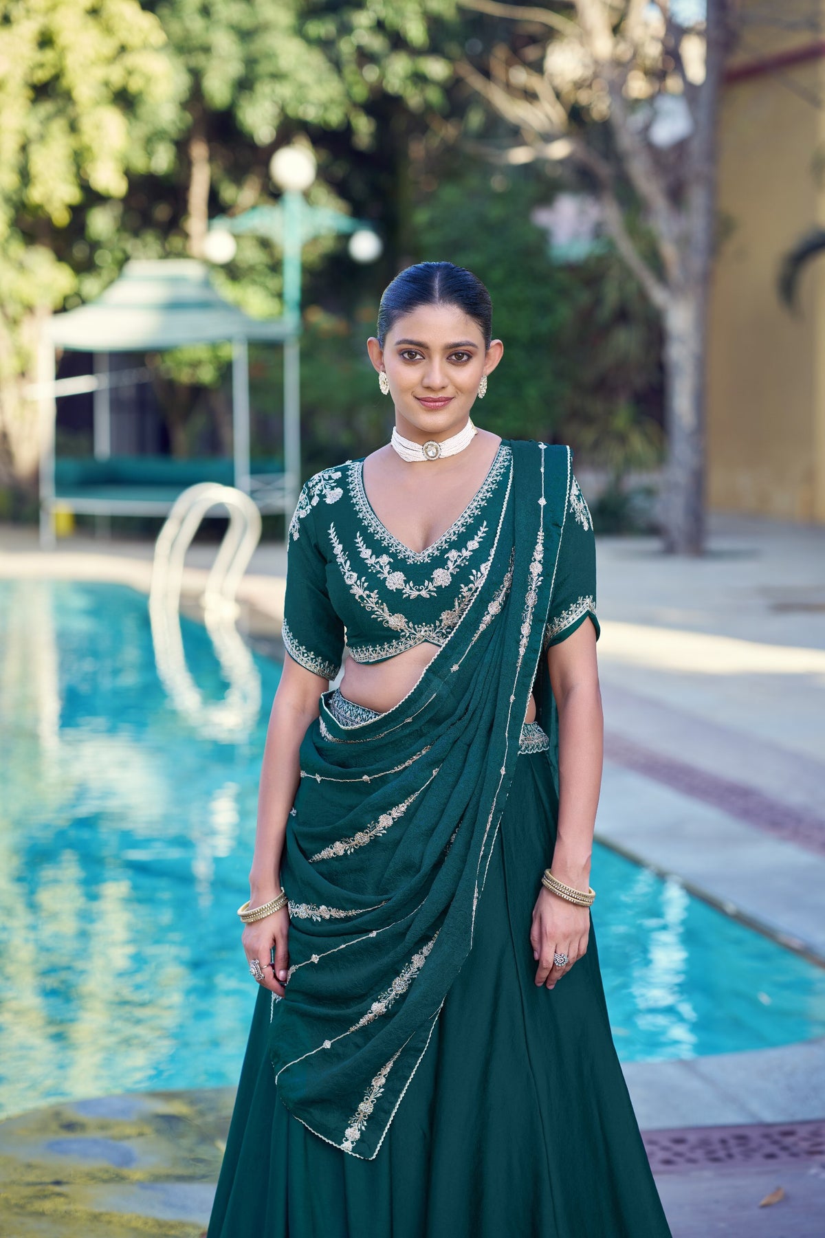 Dark Green Embroidered Rangoli Crush Lehenga Choli Set