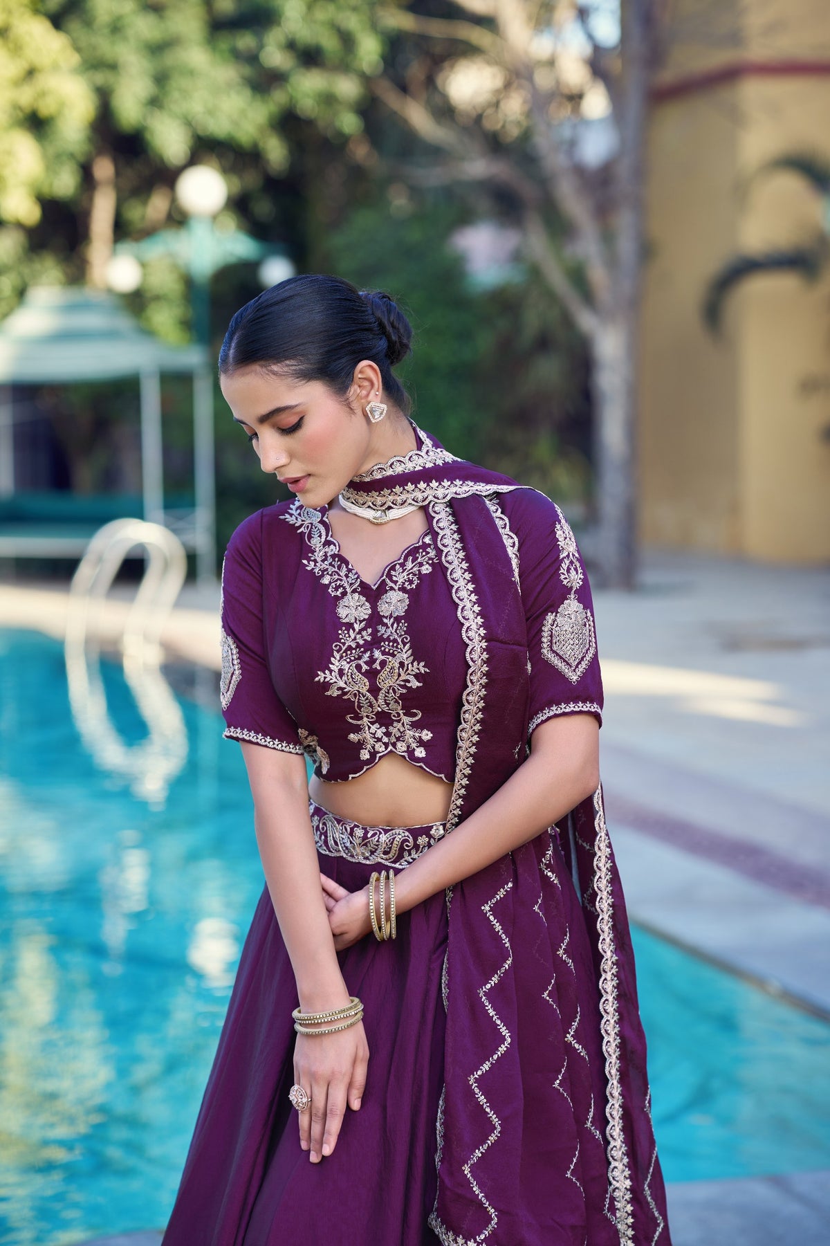 Dark Purple Embroidered Rangoli Crush Lehenga Choli Set