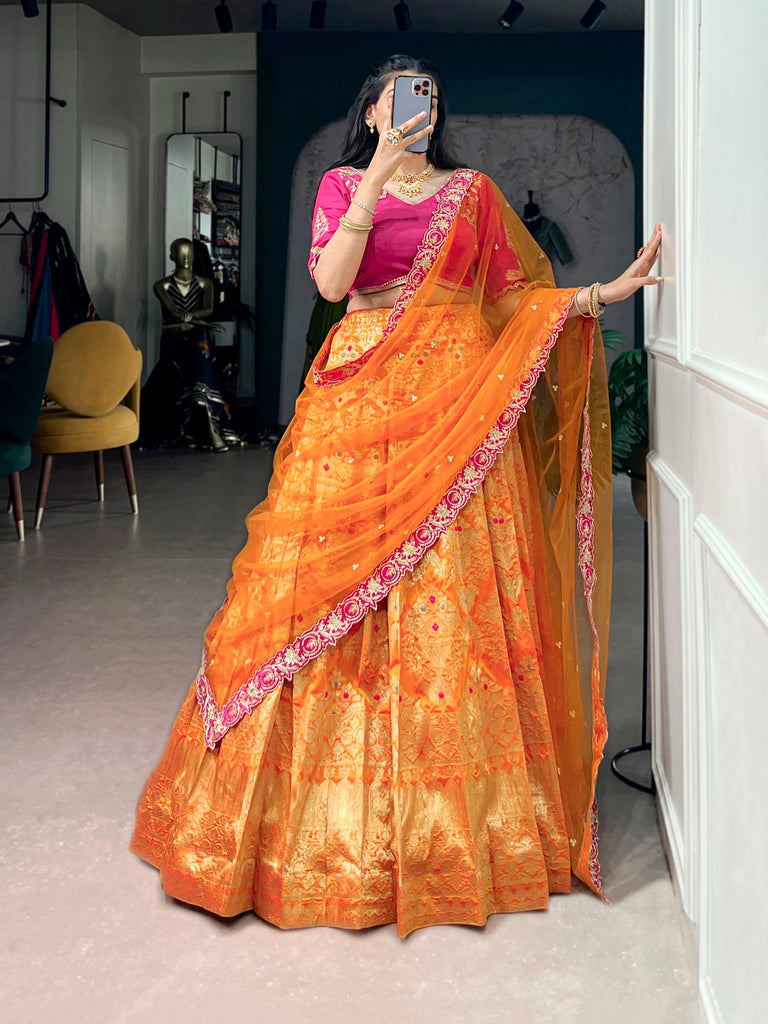 Orange Jacquard Silk Lehenga Choli