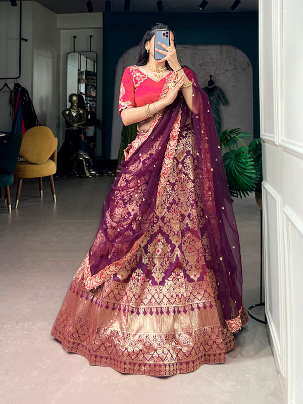 Wine Jacquard Silk Lehenga Choli