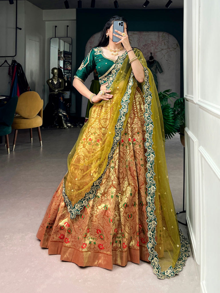 Olive Green Jacquard Silk Lehenga Choli
