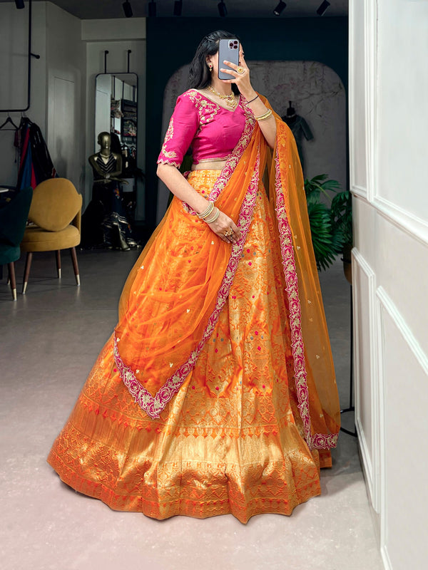 Orange Jacquard Silk Lehenga Choli