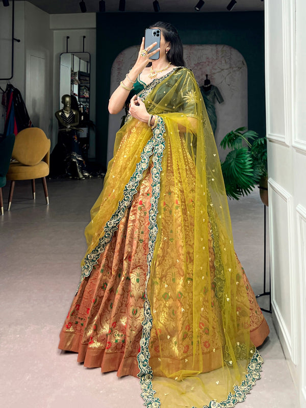 Olive Green Jacquard Silk Lehenga Choli