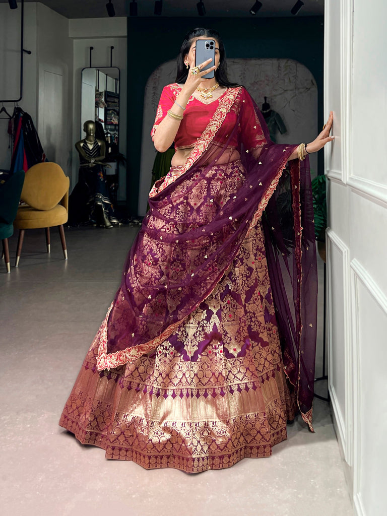 Wine Jacquard Silk Lehenga Choli