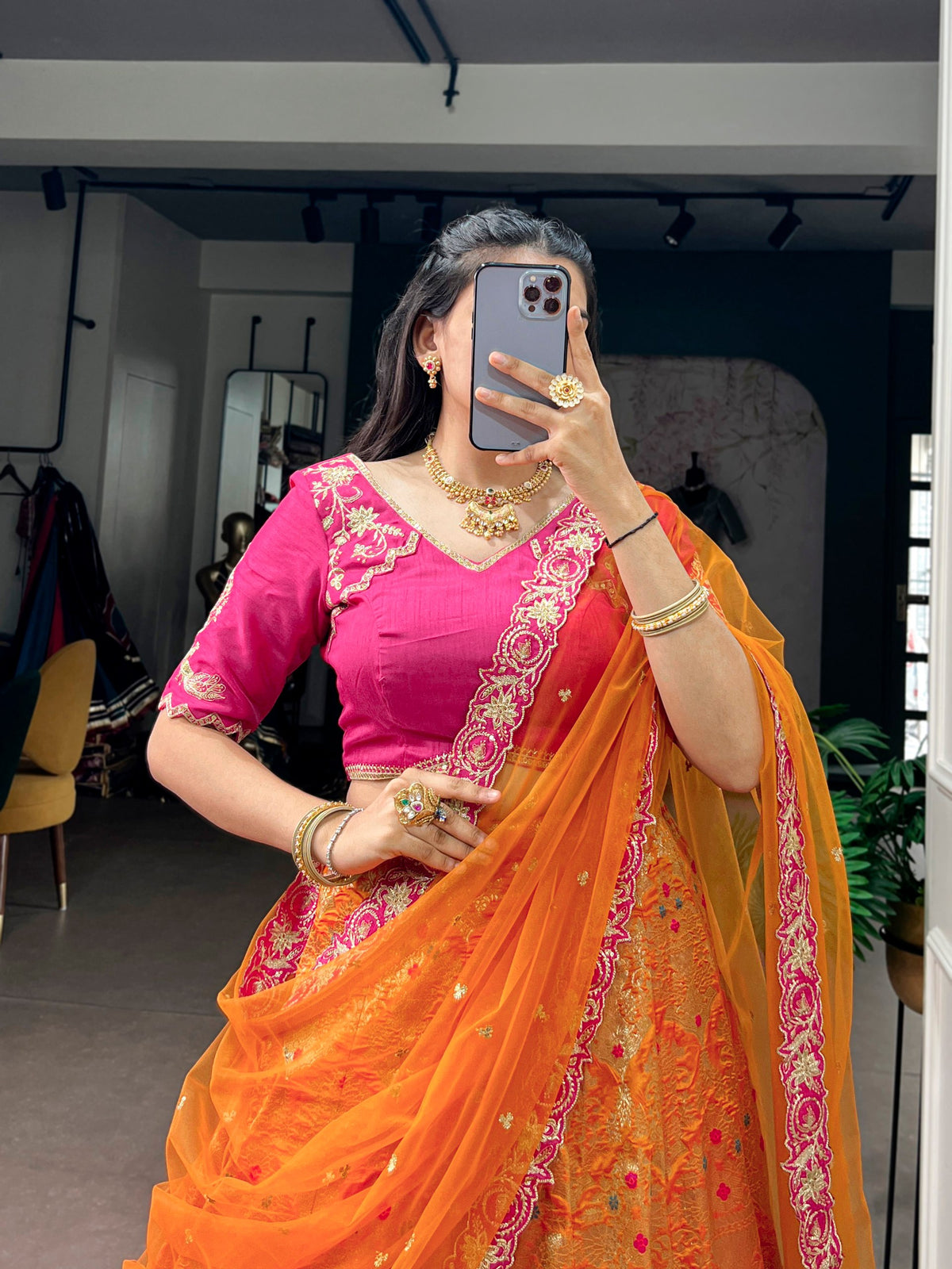 Orange Jacquard Silk Lehenga Choli