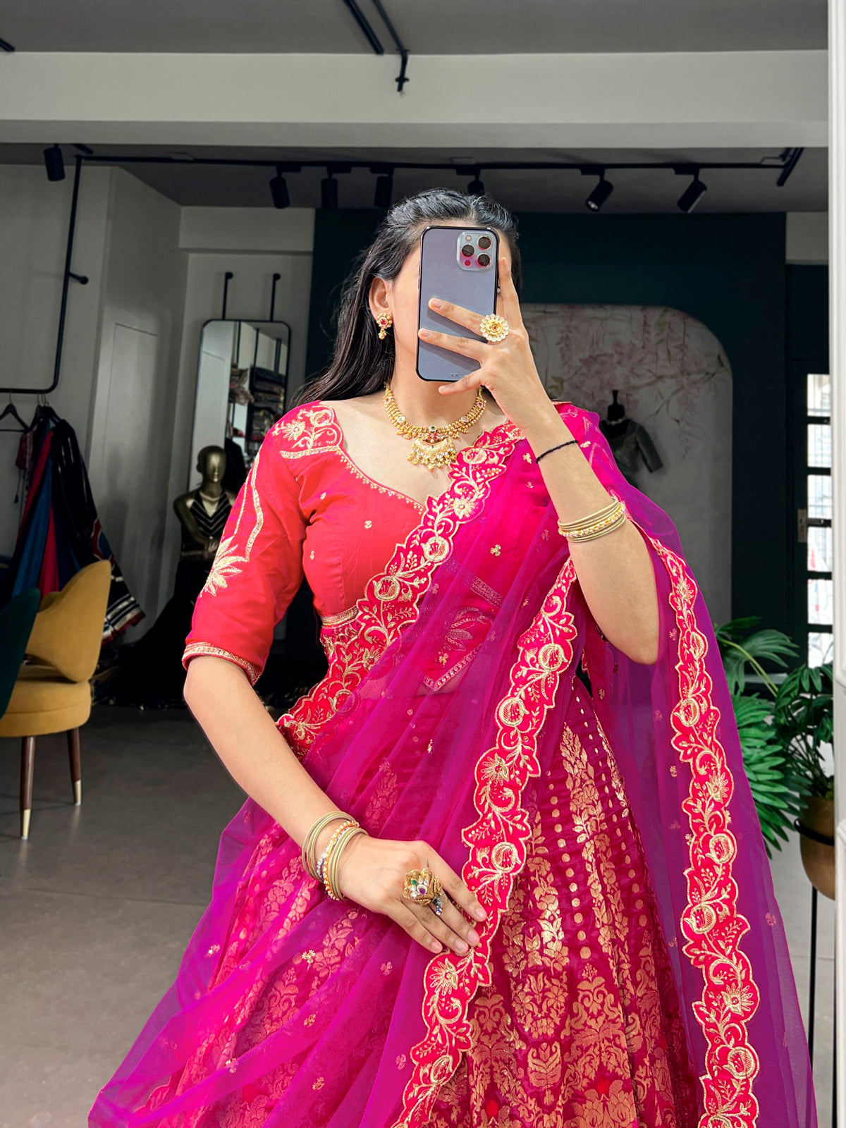 Rani Pink Jacquard Silk Lehenga Choli