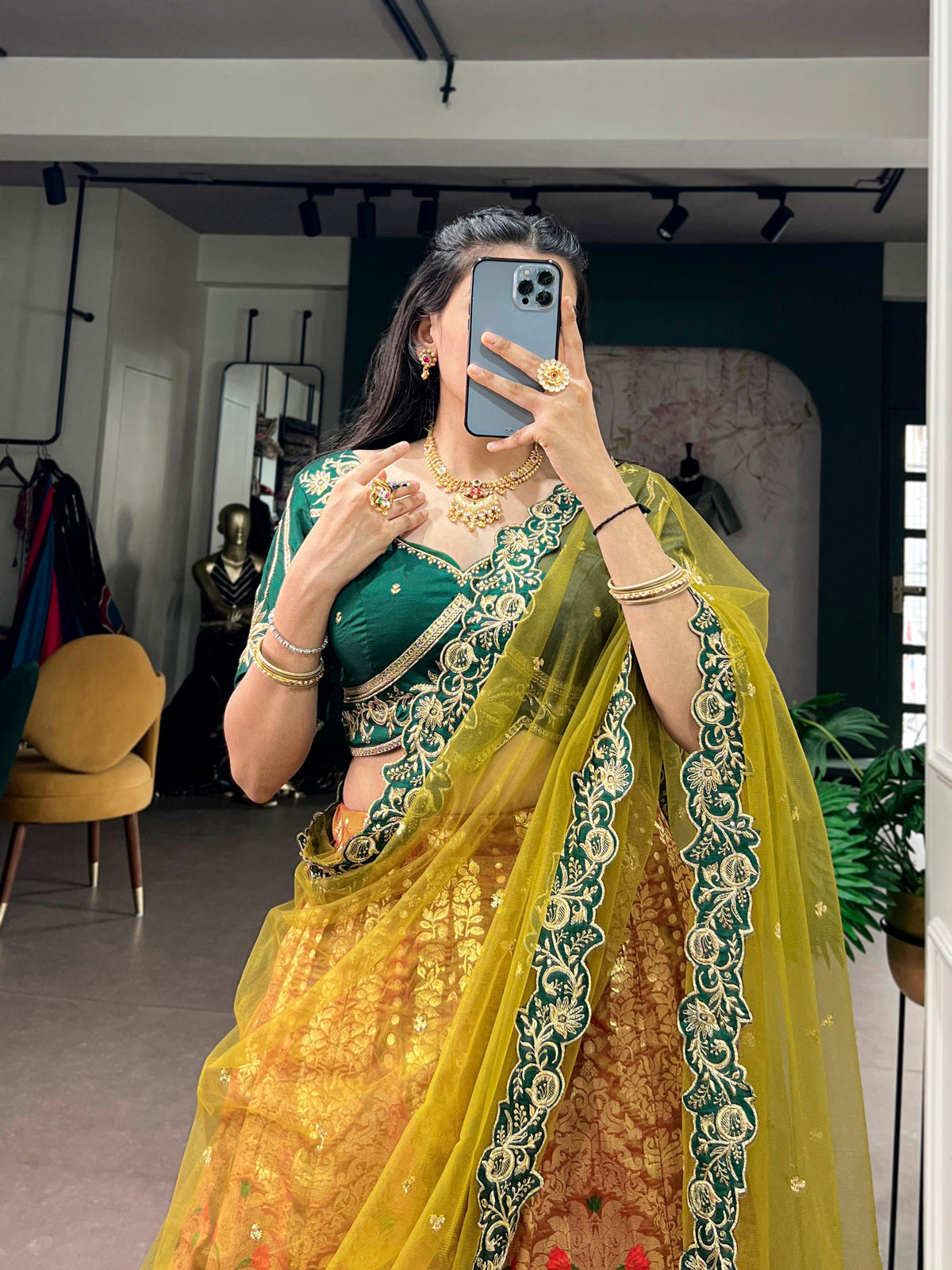 Olive Green Jacquard Silk Lehenga Choli