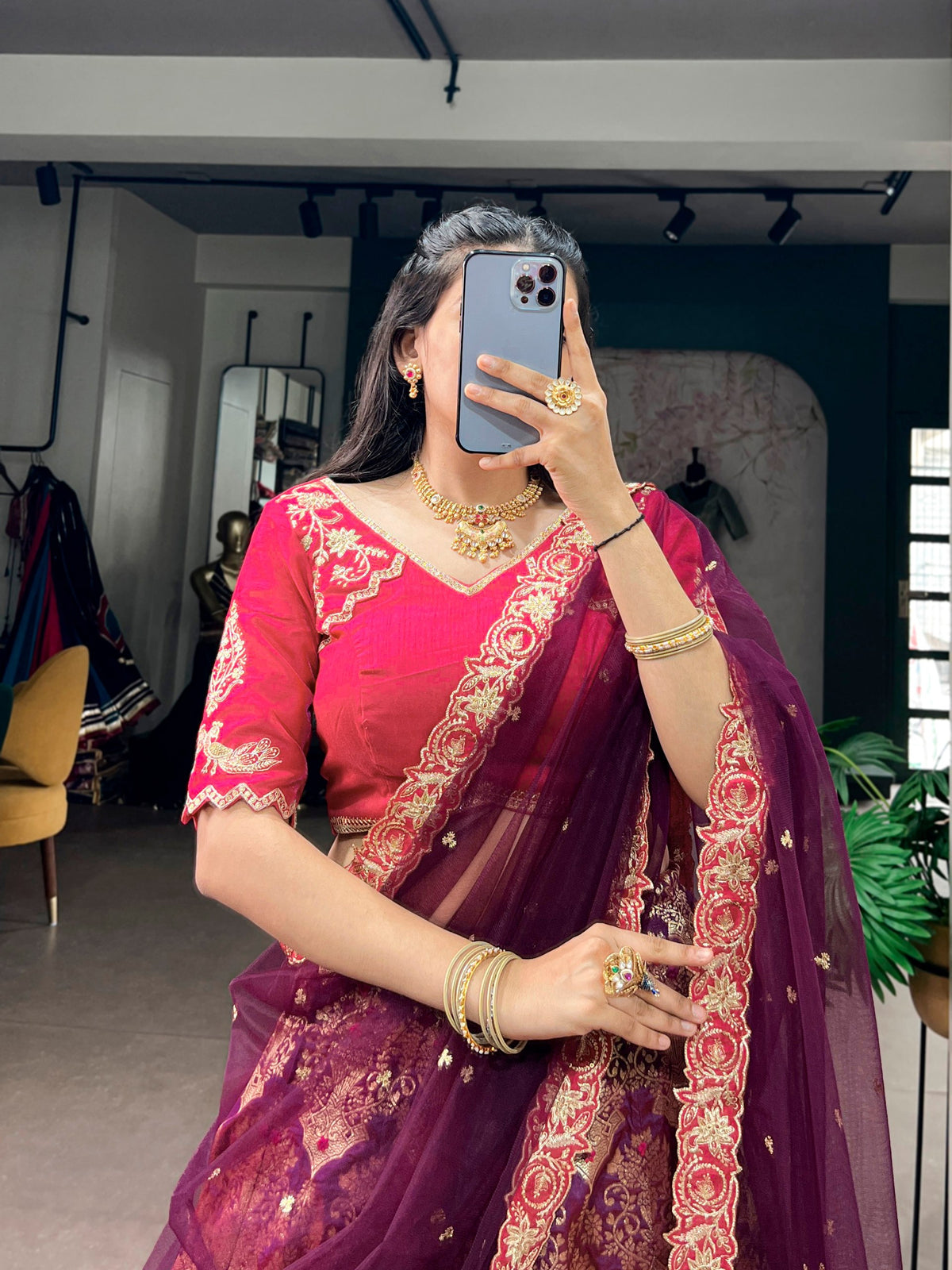 Wine Jacquard Silk Lehenga Choli