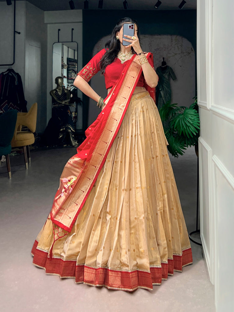 Ivory Kanchipuram Silk Lehenga Choli with Red Paithani Dupatta