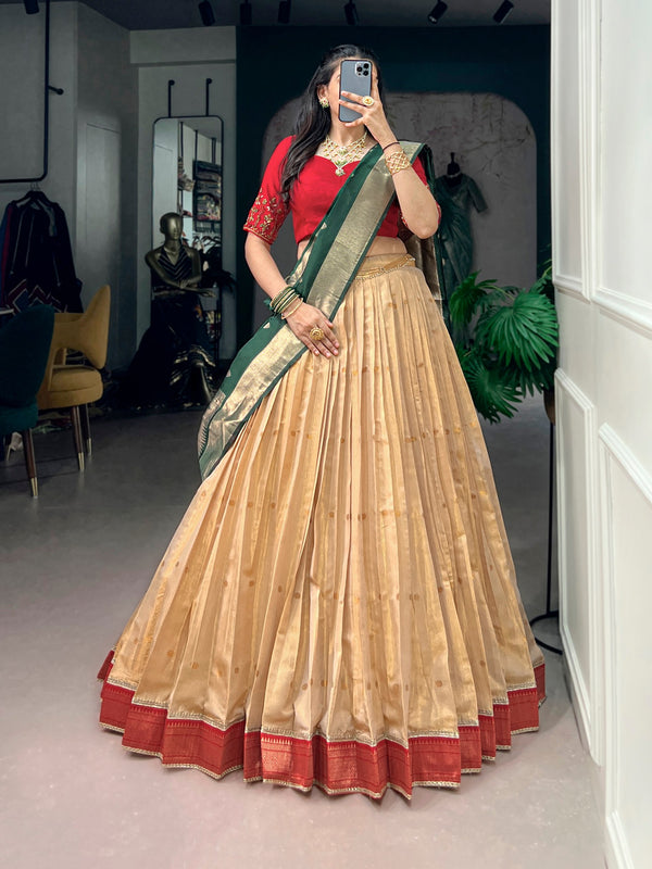 Ivory Kanchipuram Silk Lehenga Choli with Dark Green Paithani Dupatta