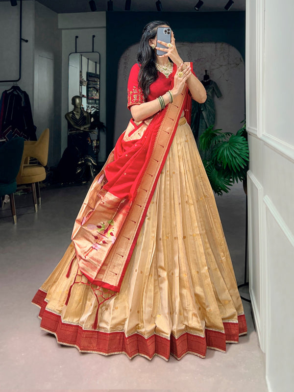 Ivory Kanchipuram Silk Lehenga Choli with Red Paithani Dupatta