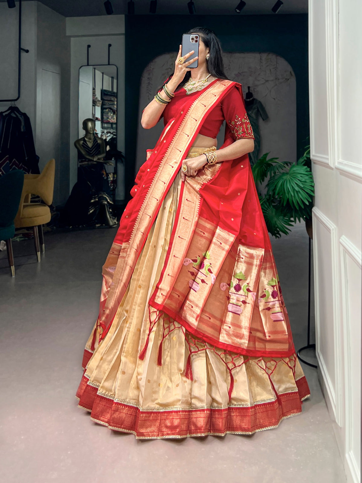 Ivory Kanchipuram Silk Lehenga Choli with Red Paithani Dupatta