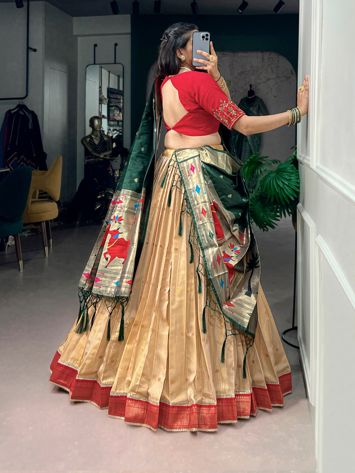 Ivory Kanchipuram Silk Lehenga Choli with Dark Green Paithani Dupatta