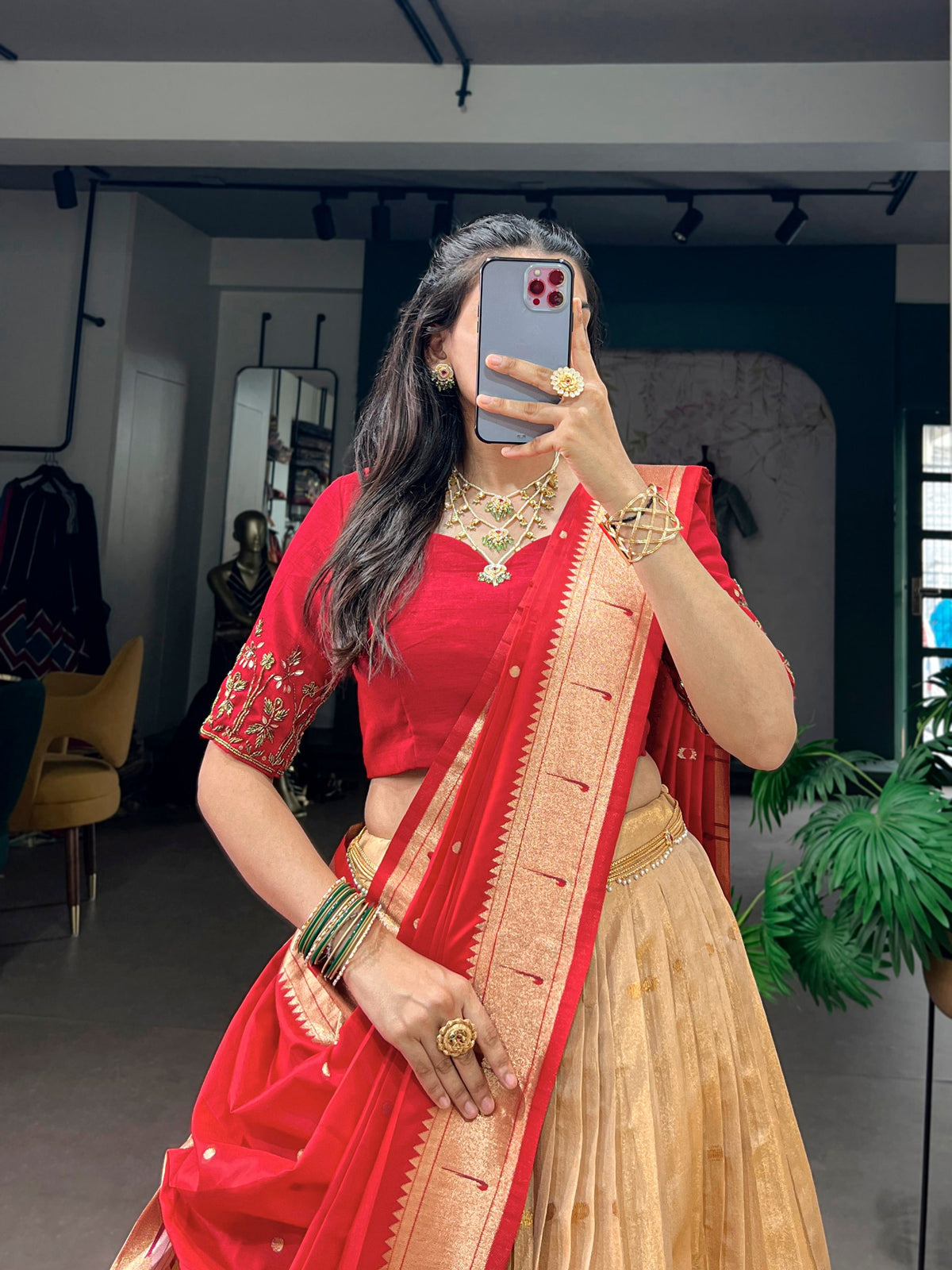 Ivory Kanchipuram Silk Lehenga Choli with Red Paithani Dupatta