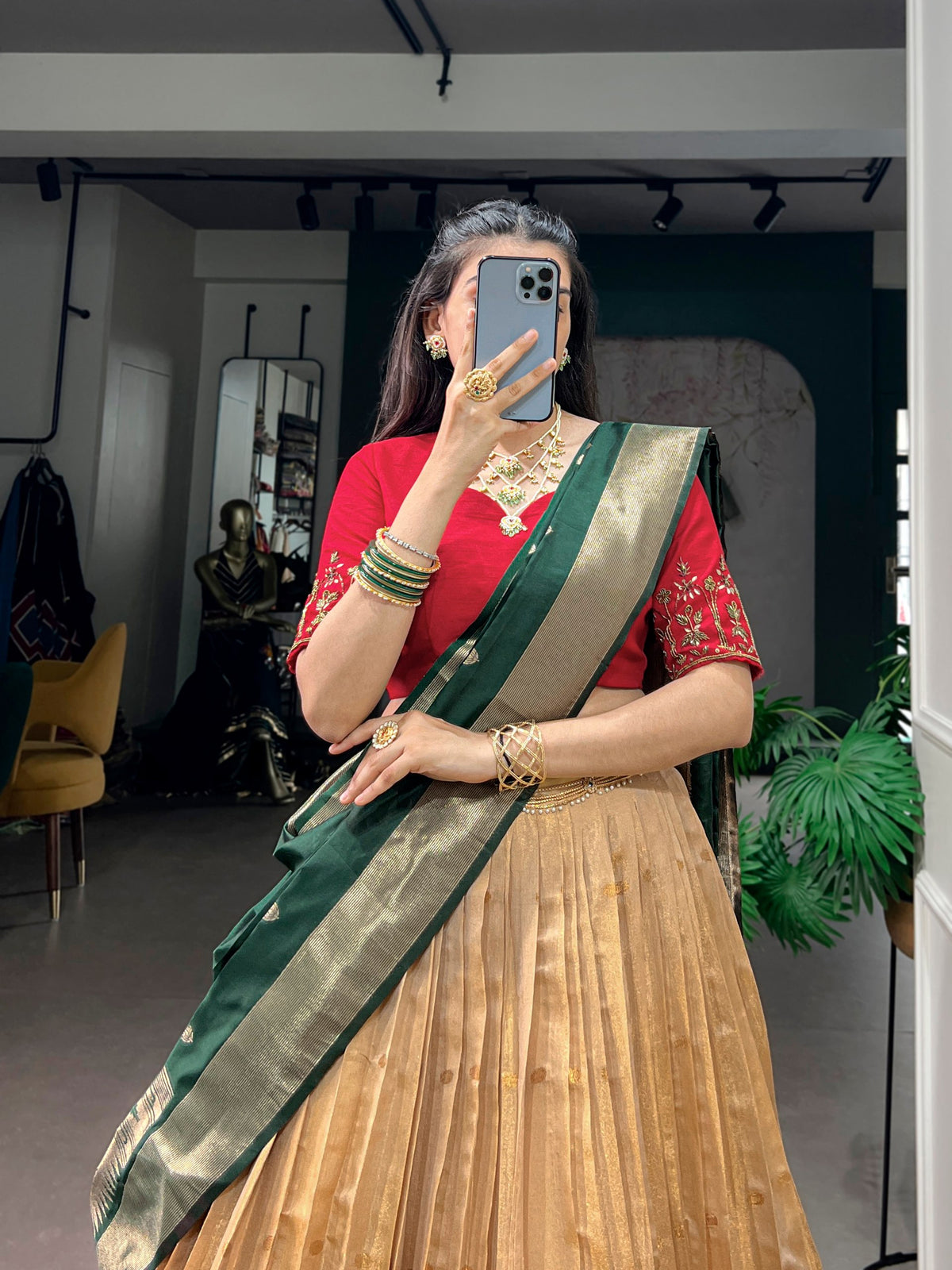 Ivory Kanchipuram Silk Lehenga Choli with Dark Green Paithani Dupatta