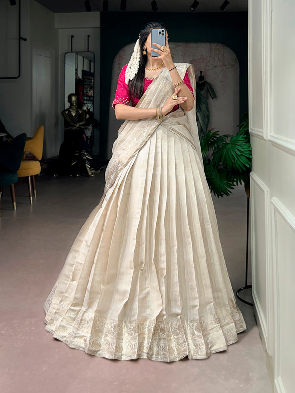 Ivory Poly Kanjivaram Half Saree with Pink Blouse