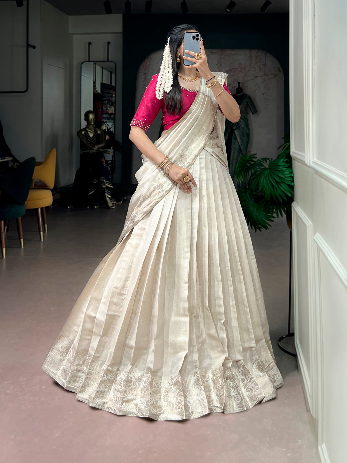 Ivory Poly Kanjivaram Half Saree with Pink Blouse