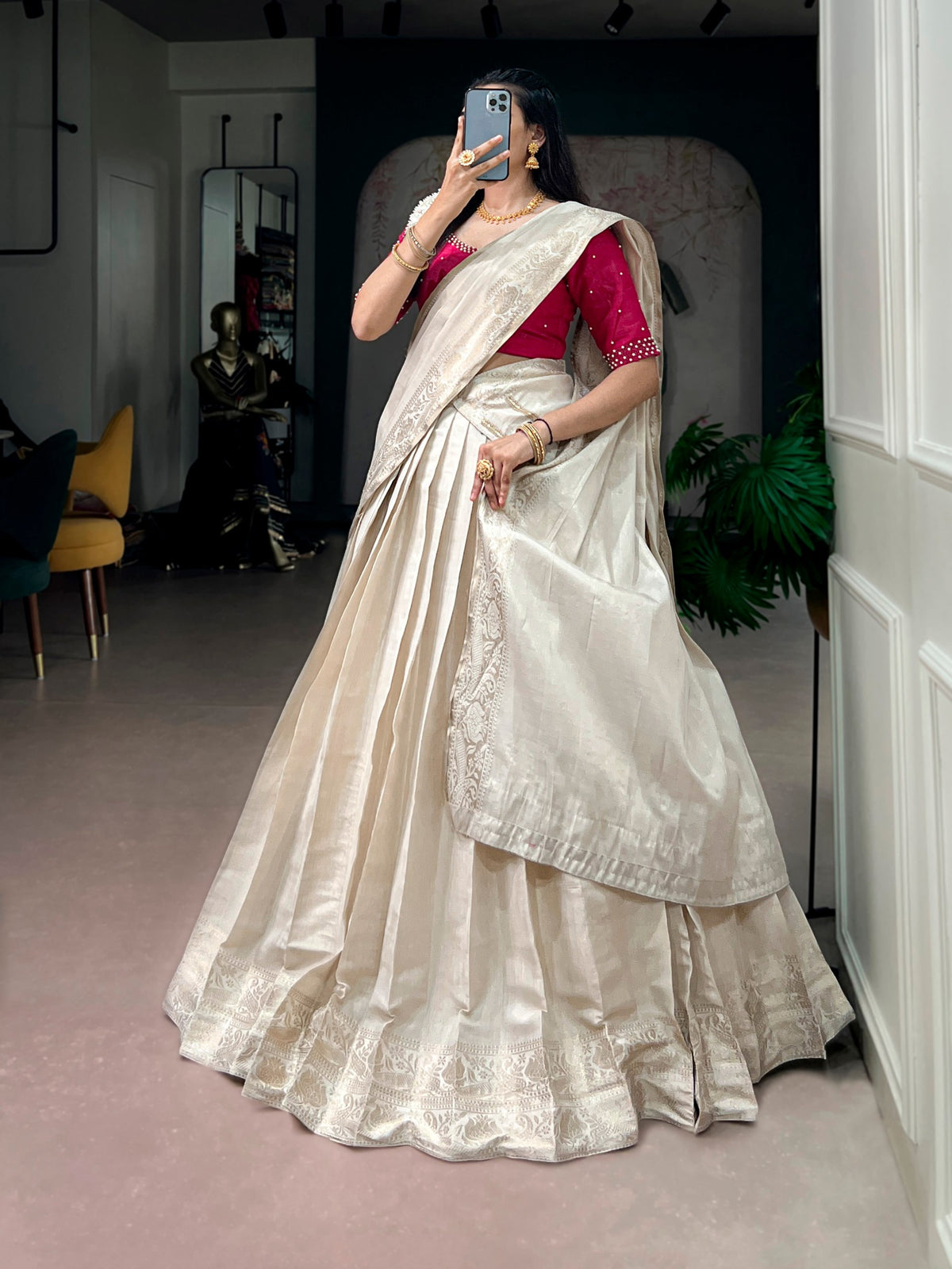 Ivory Poly Kanjivaram Half Saree with Pink Blouse
