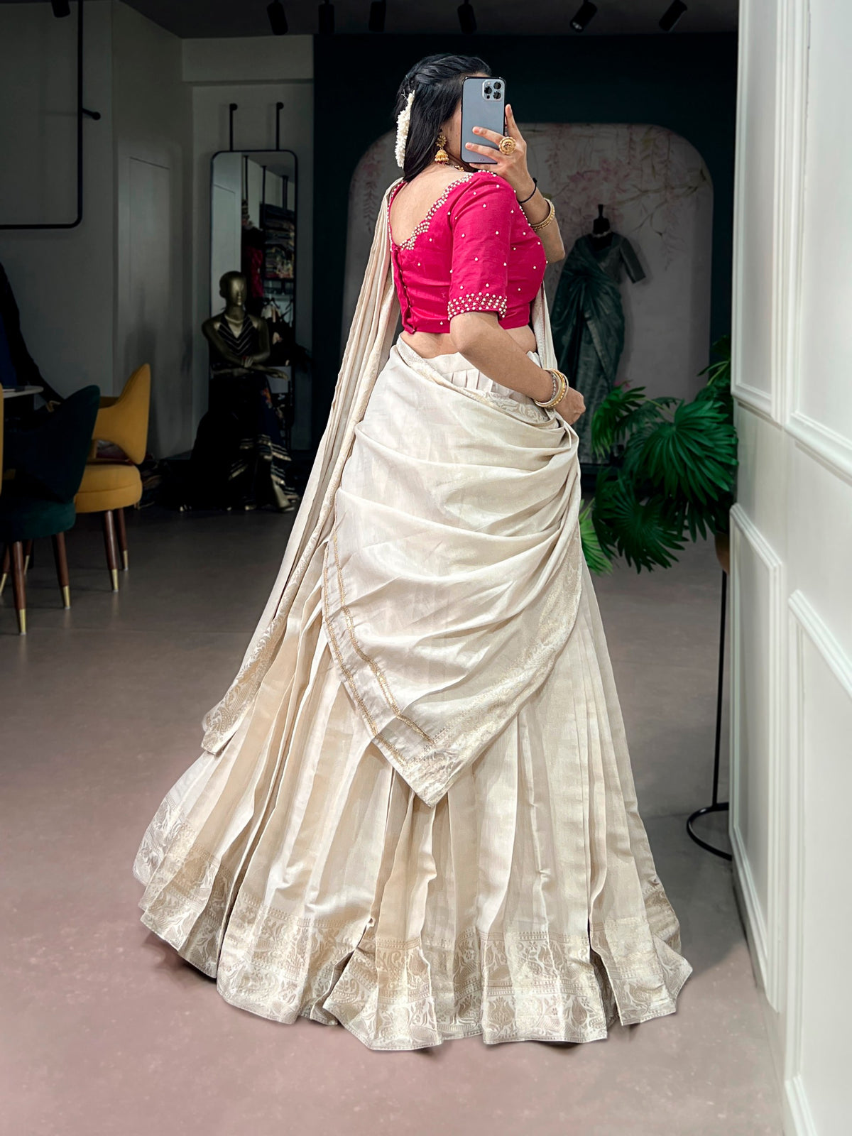 Ivory Poly Kanjivaram Half Saree with Pink Blouse