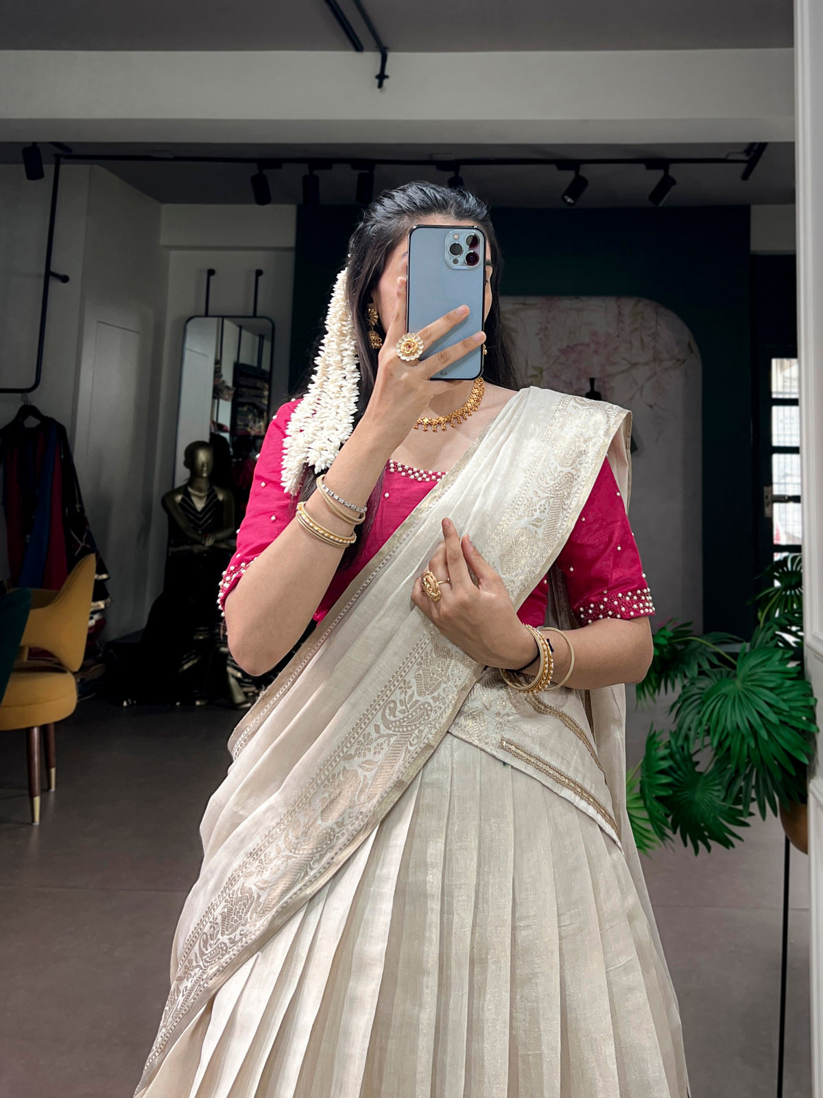 Ivory Poly Kanjivaram Half Saree with Pink Blouse