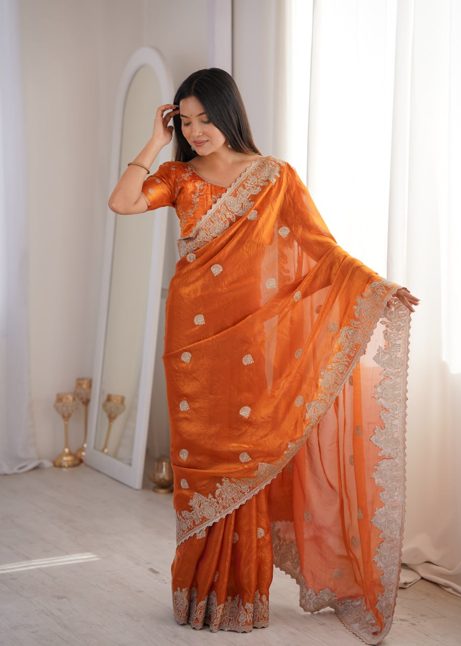 Orange Fendy Crush Zari Embroidered Designer Saree