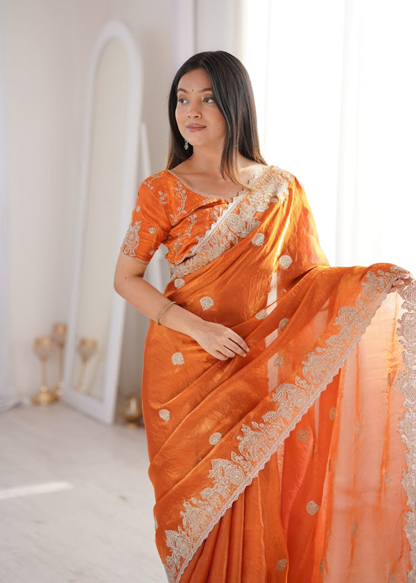 Orange Fendy Crush Zari Embroidered Designer Saree