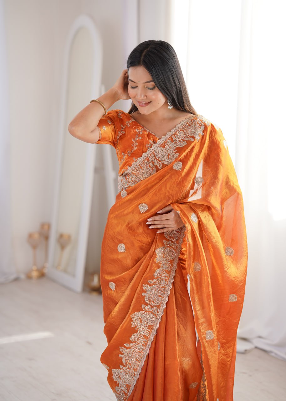 Orange Fendy Crush Zari Embroidered Designer Saree