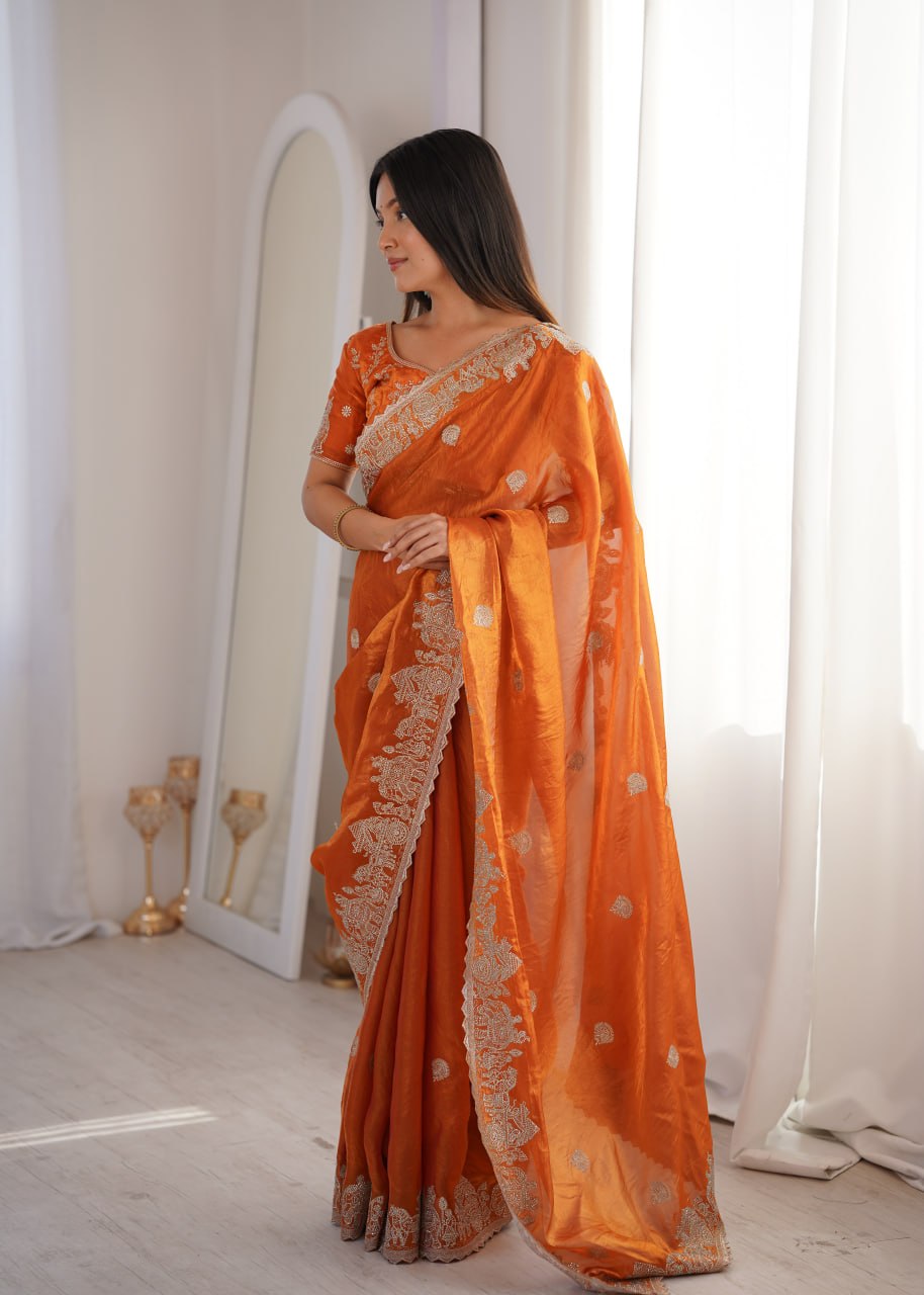 Orange Fendy Crush Zari Embroidered Designer Saree