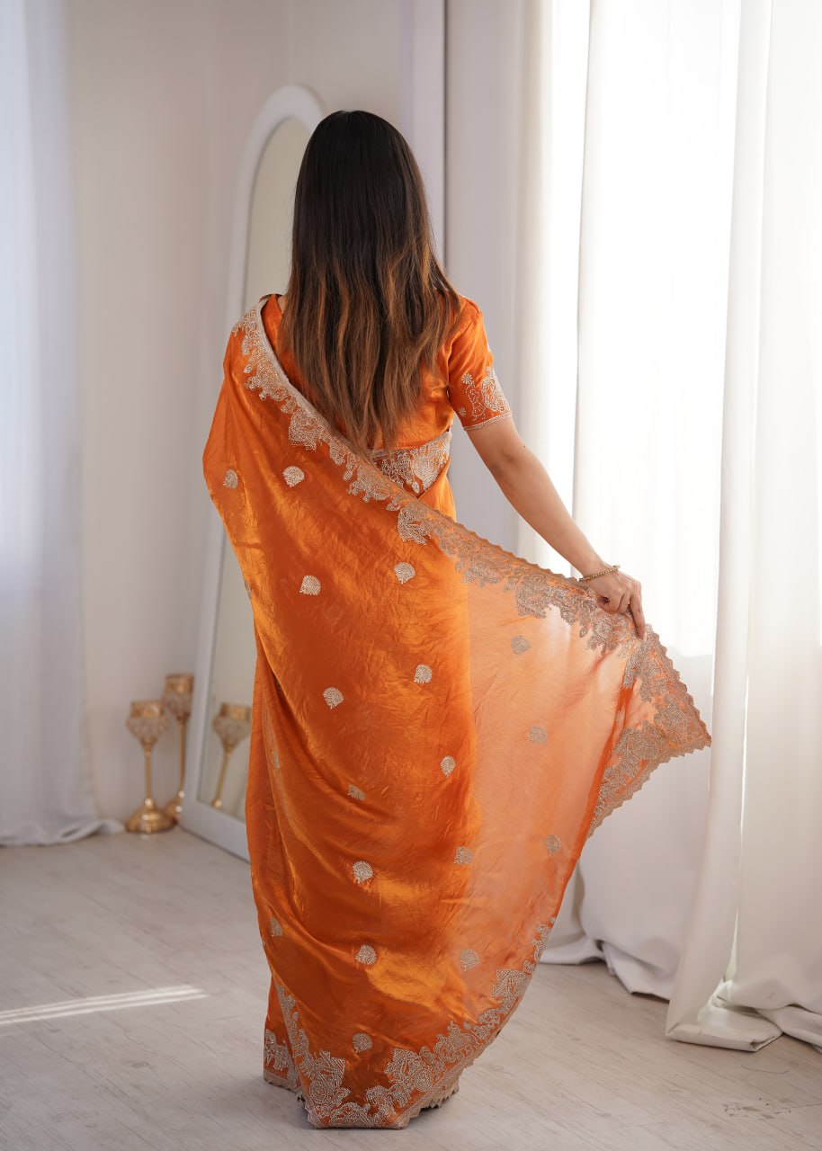 Orange Fendy Crush Zari Embroidered Designer Saree