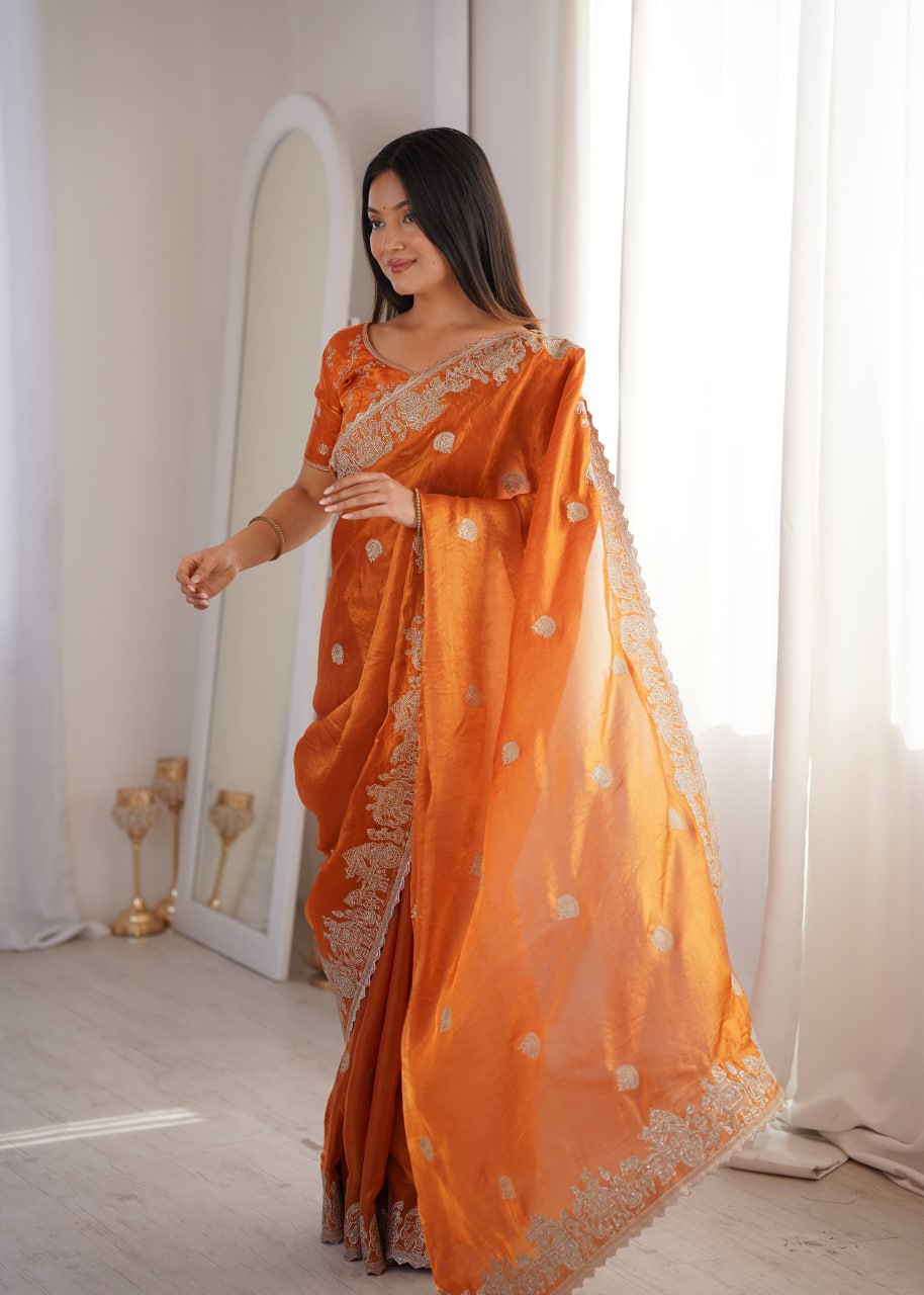 Orange Fendy Crush Zari Embroidered Designer Saree