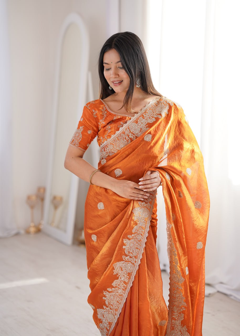 Orange Fendy Crush Zari Embroidered Designer Saree