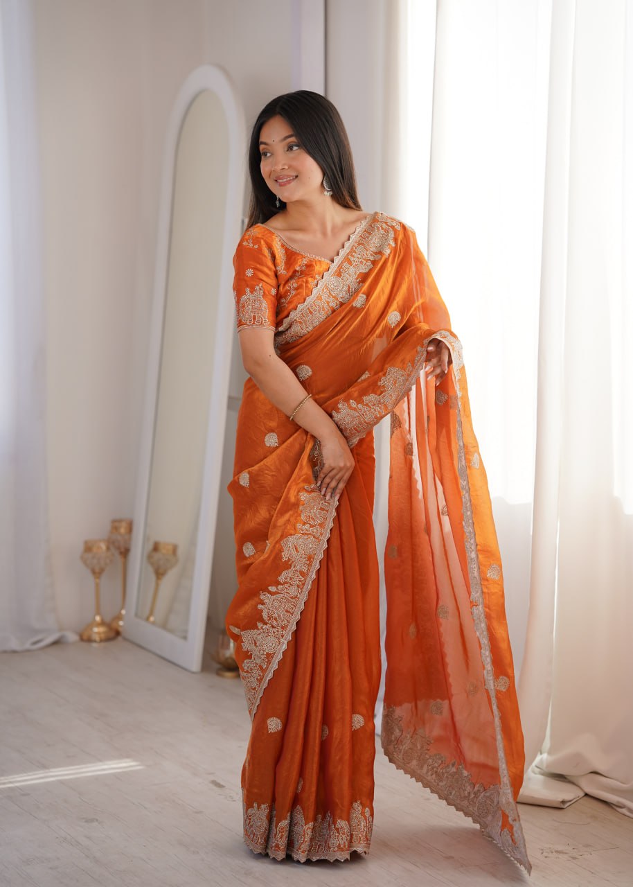 Orange Fendy Crush Zari Embroidered Designer Saree