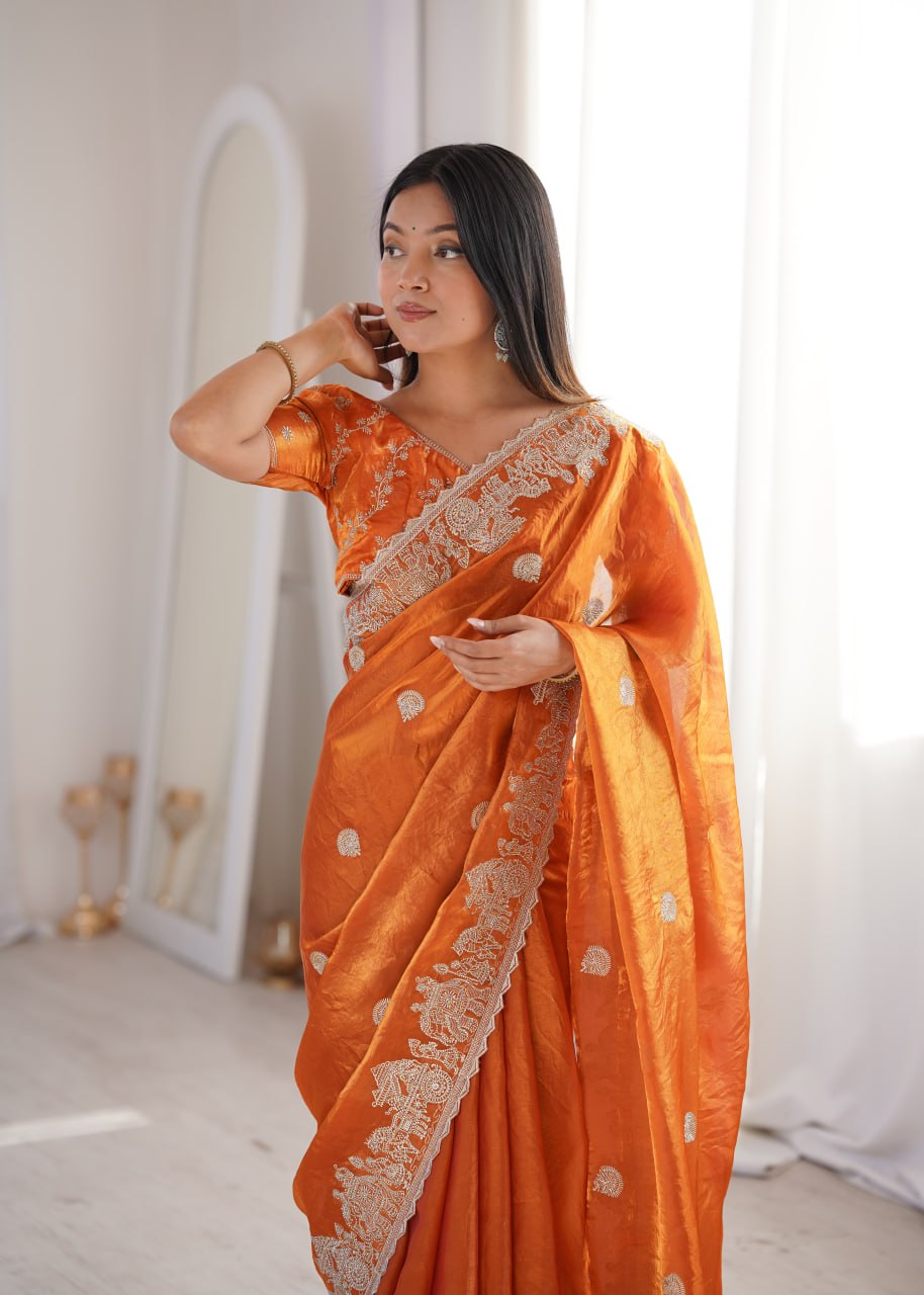 Orange Fendy Crush Zari Embroidered Designer Saree