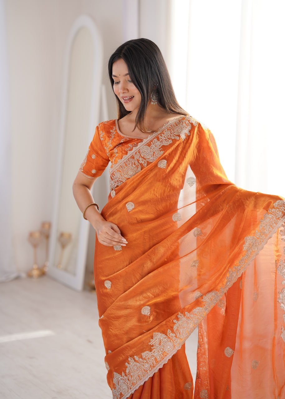 Orange Fendy Crush Zari Embroidered Designer Saree