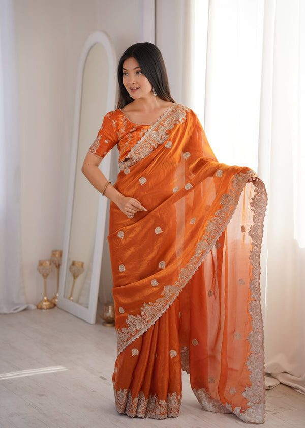 Orange Fendy Crush Zari Embroidered Designer Saree