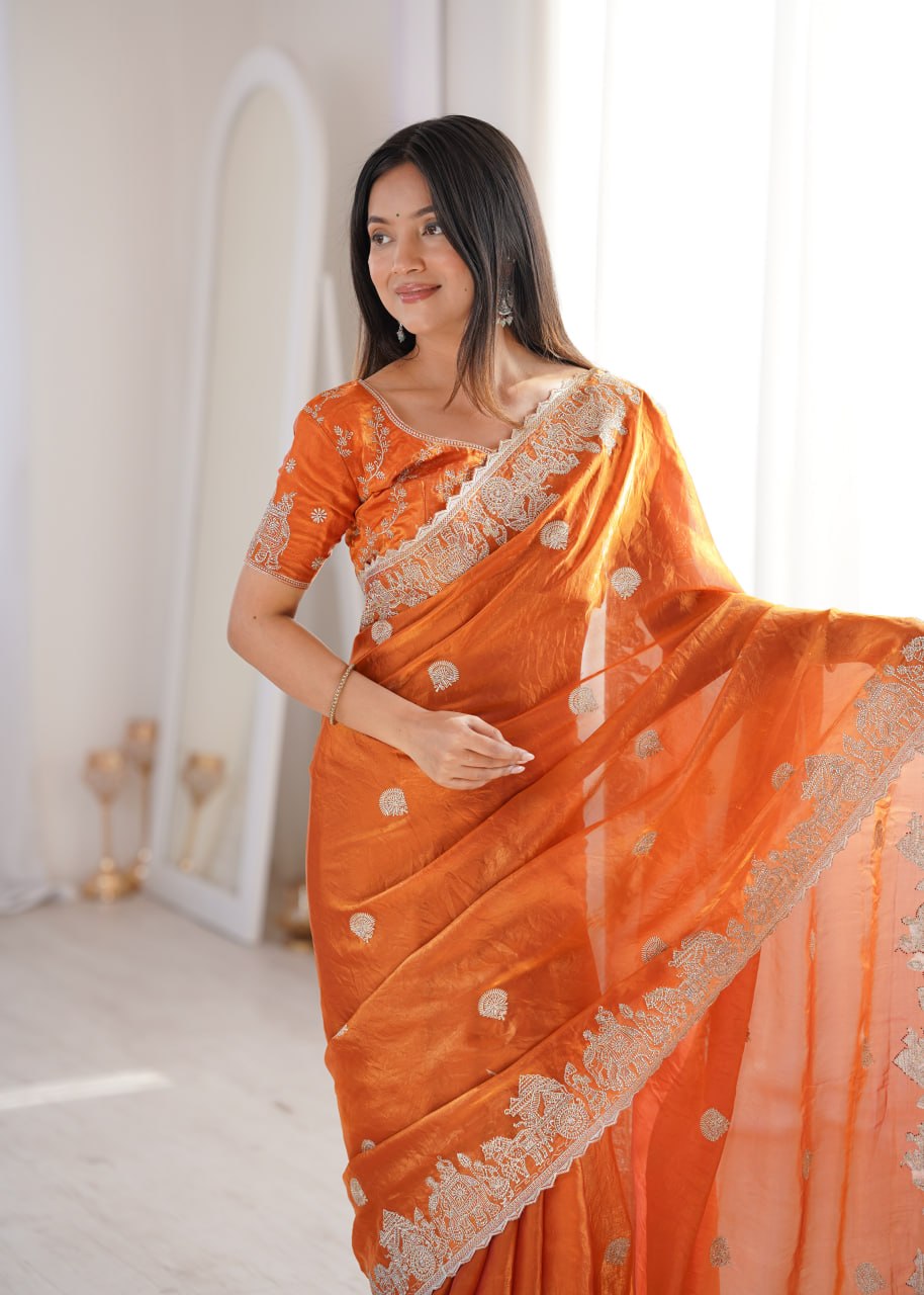 Orange Fendy Crush Zari Embroidered Designer Saree