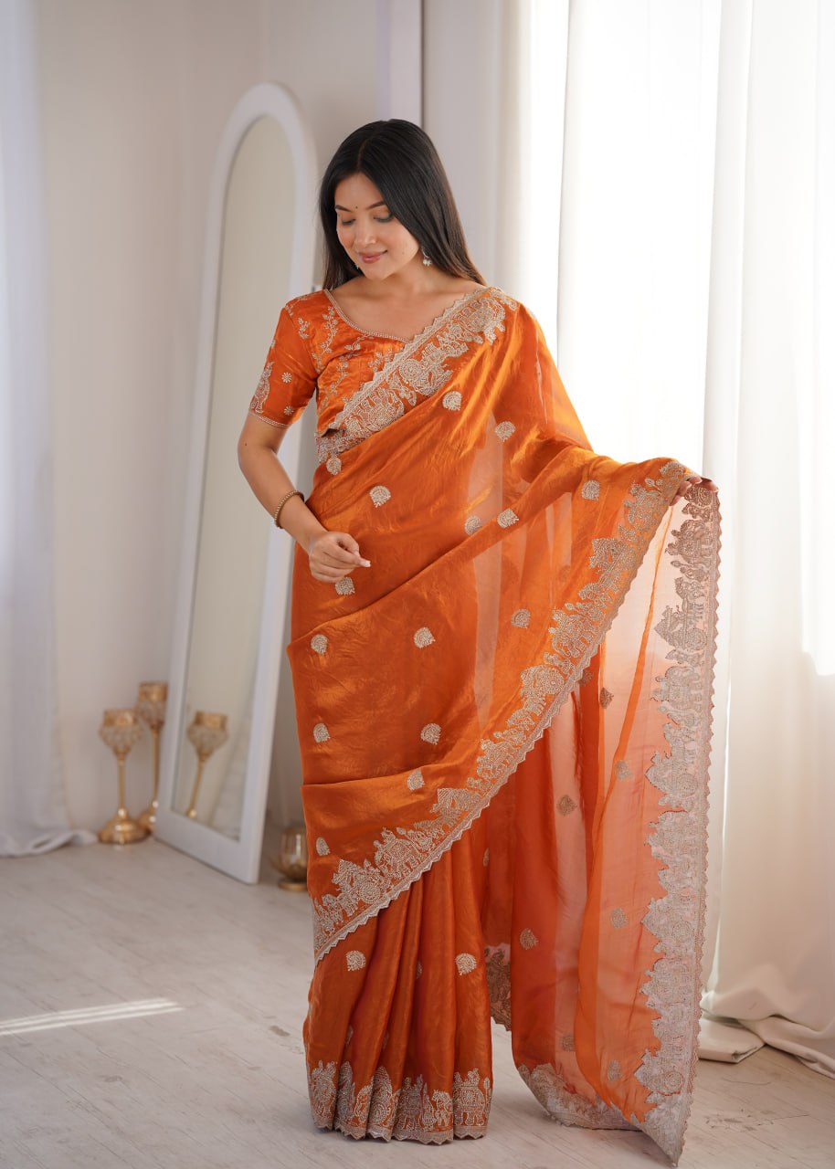 Orange Fendy Crush Zari Embroidered Designer Saree